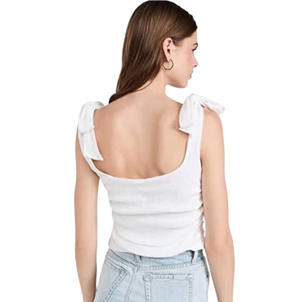 Free People Boulevard White Tie Shoulder Ruched‎ Ribbed Tank Top Large - Picture 2 of 7